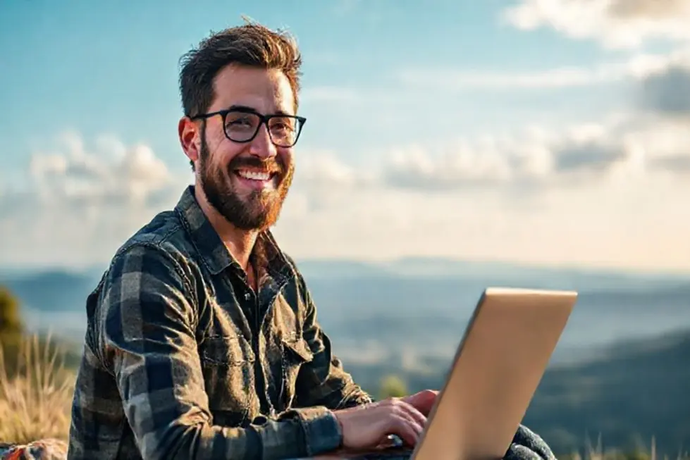 7 Estratégias para Aumentar Seus Lucros como Empreendedor Nômade Digital - Web Nômade Digital Nômade digital feliz trabalhando em um laptop com uma paisagem de fundo.