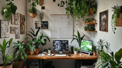 Espaço de trabalho refletindo o estilo de vida nômade digital e práticas sustentáveis.