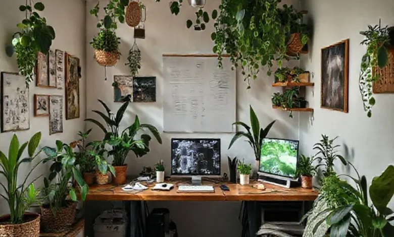 Espaço de trabalho refletindo o estilo de vida nômade digital e práticas sustentáveis.