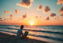 Pôr do sol sobre a praia com um nômade digital trabalhando.