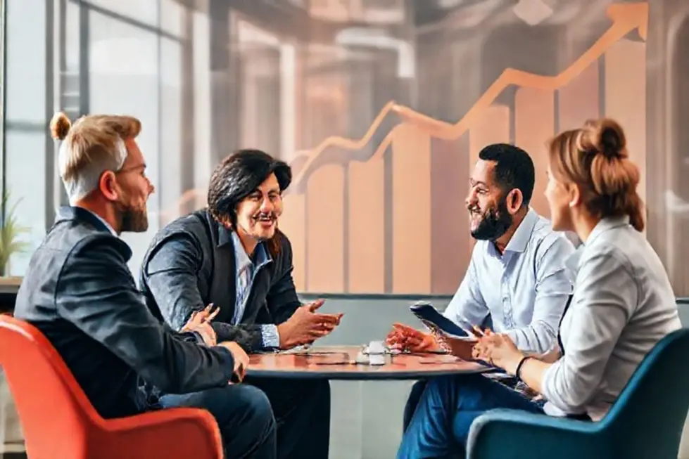 Imagem motivacional de mentores orientando profissionais.