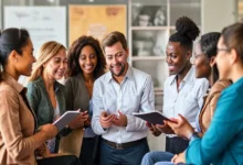Profissionais discutindo em um ambiente colaborativo durante uma sessão de mentoria.