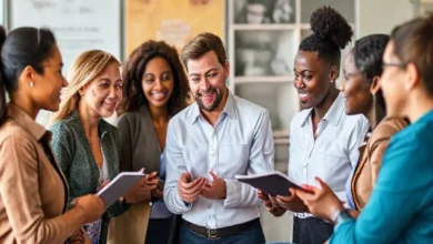 Profissionais discutindo em um ambiente colaborativo durante uma sessão de mentoria.