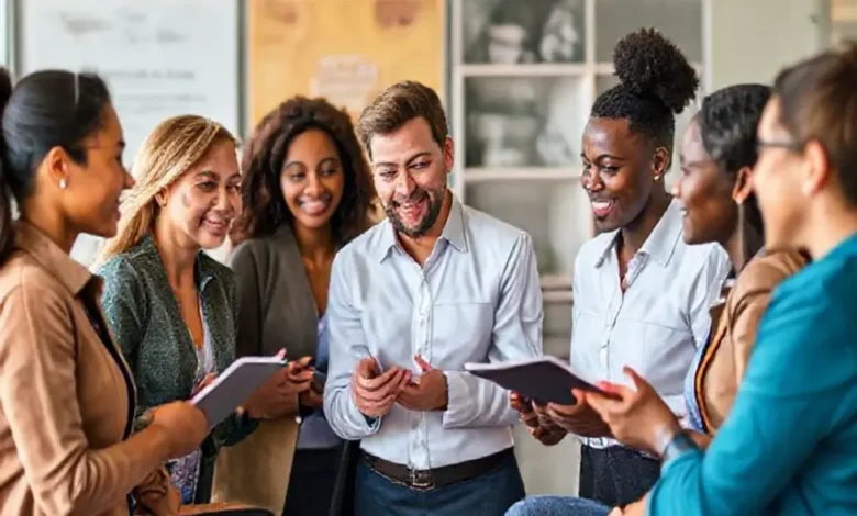 Profissionais discutindo em um ambiente colaborativo durante uma sessão de mentoria.
