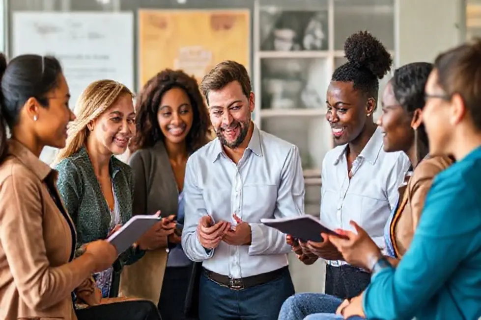 Como Implementar um Programa de Mentoria que Transforma sua Carreira em 2024 - Web Nômade Digital Profissionais discutindo em um ambiente colaborativo durante uma sessão de mentoria.