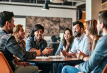 Cena vibrante de uma sessão de mentoria entre empreendedores.