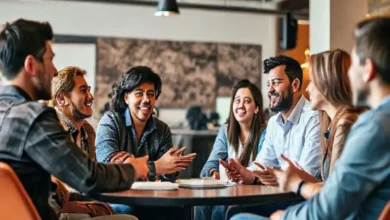 Cena vibrante de uma sessão de mentoria entre empreendedores.