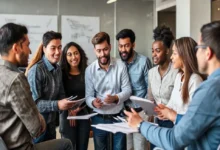 Grupo de empreendedores discutindo com um mentor