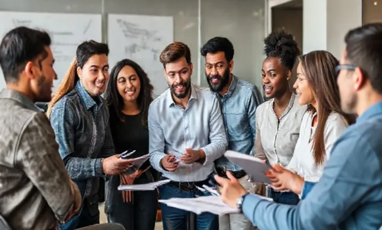 Grupo de empreendedores discutindo com um mentor