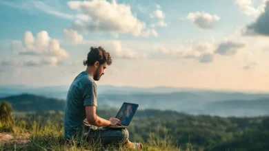 Nômade digital utilizando um laptop em um ambiente natural tranquilo.