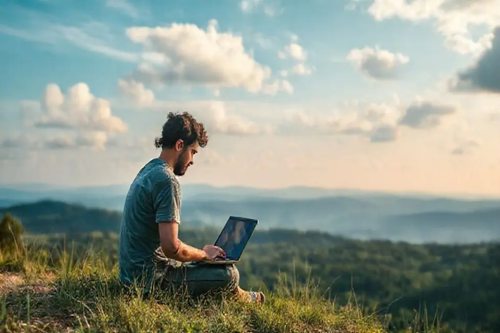 Nômade digital utilizando um laptop em um ambiente natural tranquilo.
