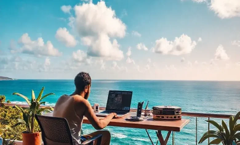 Espaço de trabalho de um nômade digital com vista para o oceano.