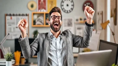 Empreendedor digital celebrando o sucesso financeiro.