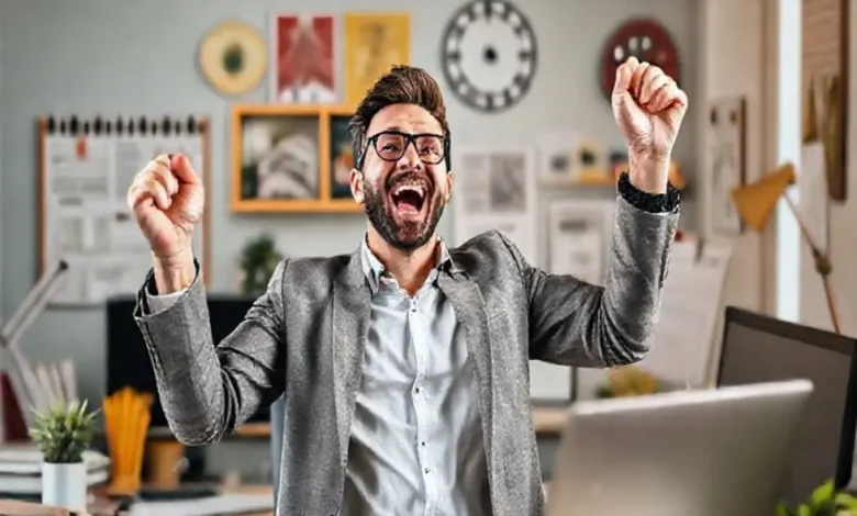 Empreendedor digital celebrando o sucesso financeiro.