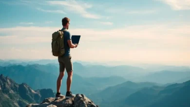 Nômade digital no cume de uma montanha.