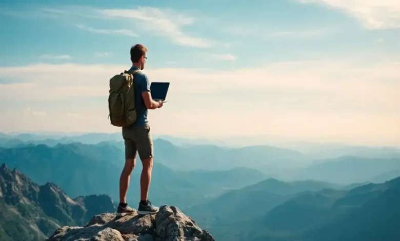 Nômade digital no cume de uma montanha.