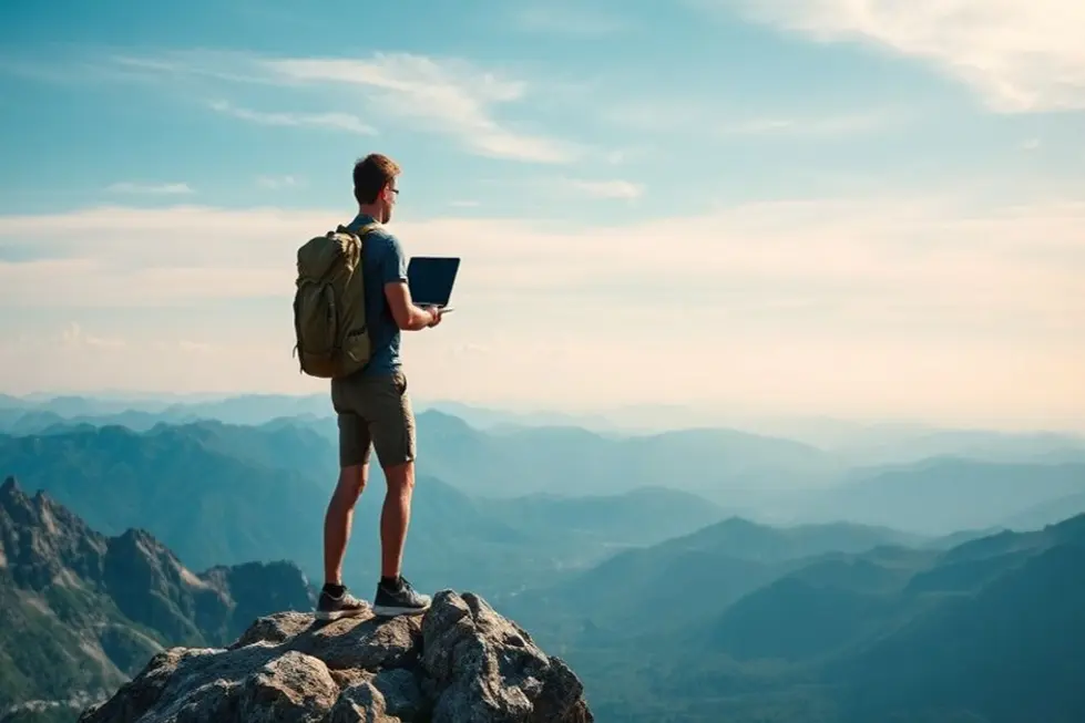 Nômade digital no cume de uma montanha.