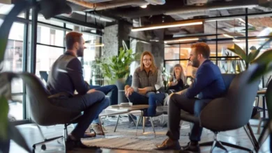 Ambiente vibrante de mentoria empresarial com interação entre mentores e mentorados.