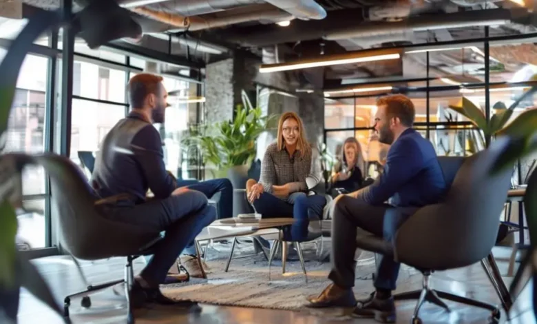 Ambiente vibrante de mentoria empresarial com interação entre mentores e mentorados.