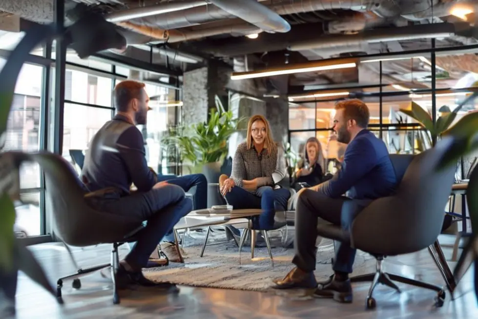 Ambiente vibrante de mentoria empresarial com interação entre mentores e mentorados.