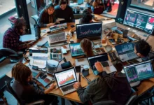 Nômades digitais em um ambiente colaborativo discutindo estratégias.