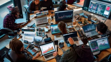 Nômades digitais em um ambiente colaborativo discutindo estratégias.