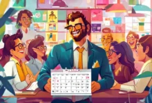 Empreendedor com uma agenda lotada, felizes clientes ao seu redor.