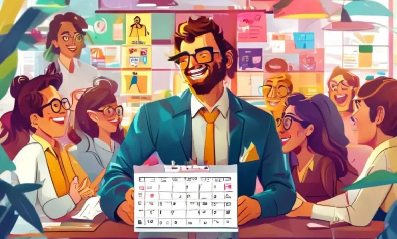 Empreendedor com uma agenda lotada, felizes clientes ao seu redor.