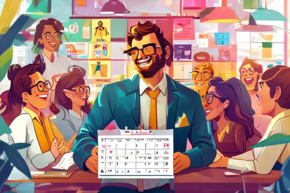 Empreendedor com uma agenda lotada, felizes clientes ao seu redor.