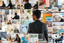 Colagem de imagens mostrando um empreendedor organizando clientes e agendando tarefas.