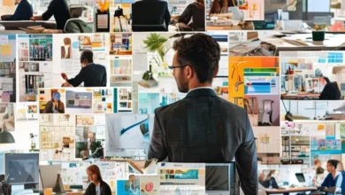 Colagem de imagens mostrando um empreendedor organizando clientes e agendando tarefas.