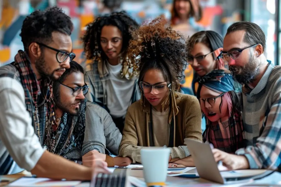 7 Passos Para Transformar Ideias em Negócios Lucrativos em 2025 - Web Nômade Digital Grupo diversificado de empreendedores digitais colaborando em um ambiente inspirador.