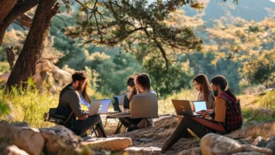 Grupo de nômades digitais trabalhando em um cenário ao ar livre.
