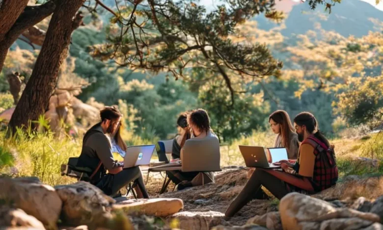 Grupo de nômades digitais trabalhando em um cenário ao ar livre.