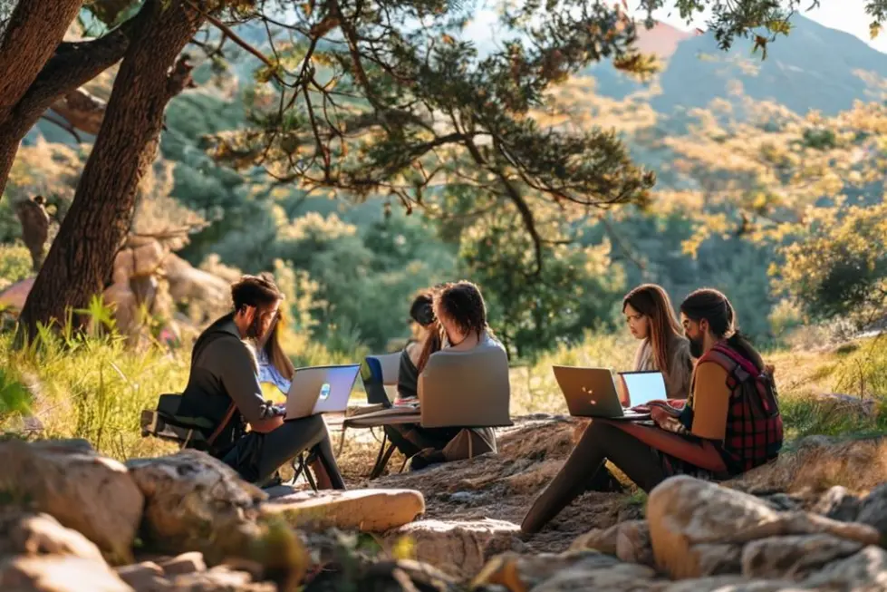 Grupo de nômades digitais trabalhando em um cenário ao ar livre.