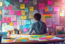 Empreendedor em um escritório estimulante, planejando estratégias de negócio.