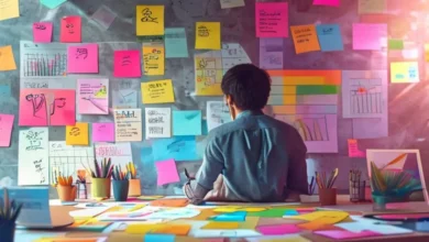 Empreendedor em um escritório estimulante, planejando estratégias de negócio.