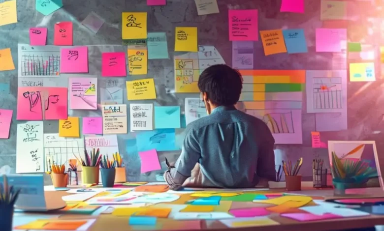 Empreendedor em um escritório estimulante, planejando estratégias de negócio.