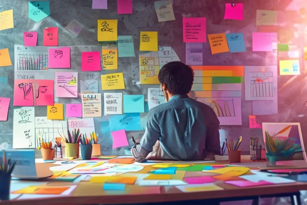 10 Estratégias Lucrativas para Otimizar Seu Negócio em 2025 - Web Nômade Digital Empreendedor em um escritório estimulante, planejando estratégias de negócio.