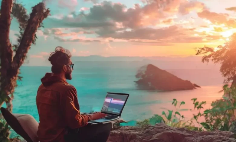 Um nômade digital em um local bonito, usando um laptop.