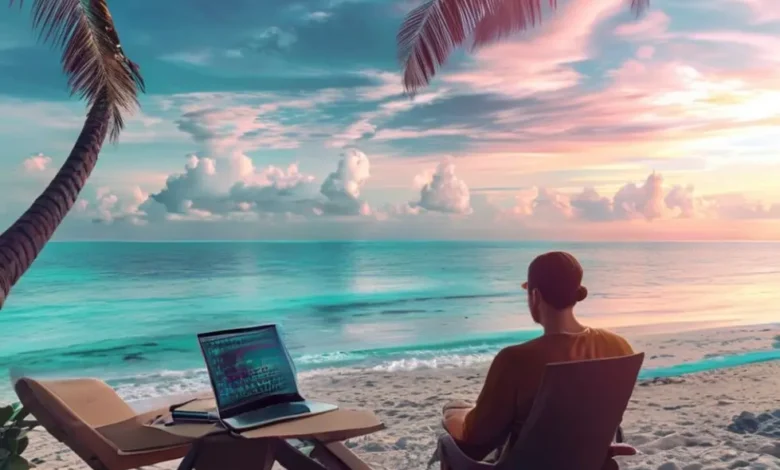 Nômade digital trabalhando em um laptop à beira-mar, representando a liberdade do empreendedorismo.