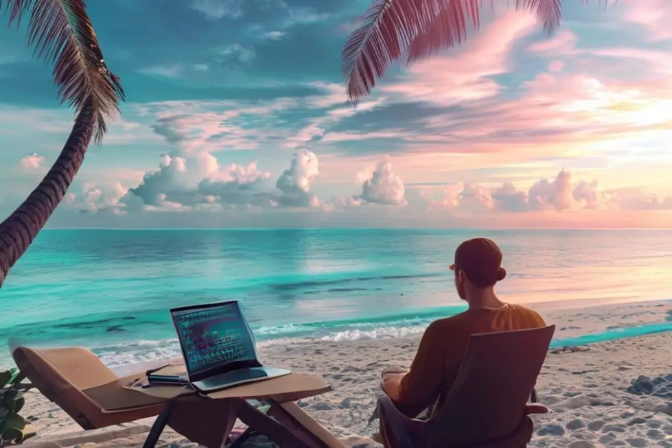 Nômade digital trabalhando em um laptop à beira-mar, representando a liberdade do empreendedorismo.