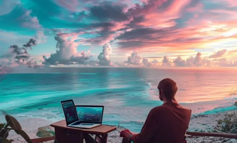 Nômade digital trabalhando em uma praia