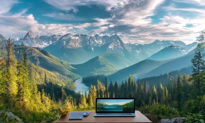 Nômade digital trabalhando em um belo cenário montanhoso.