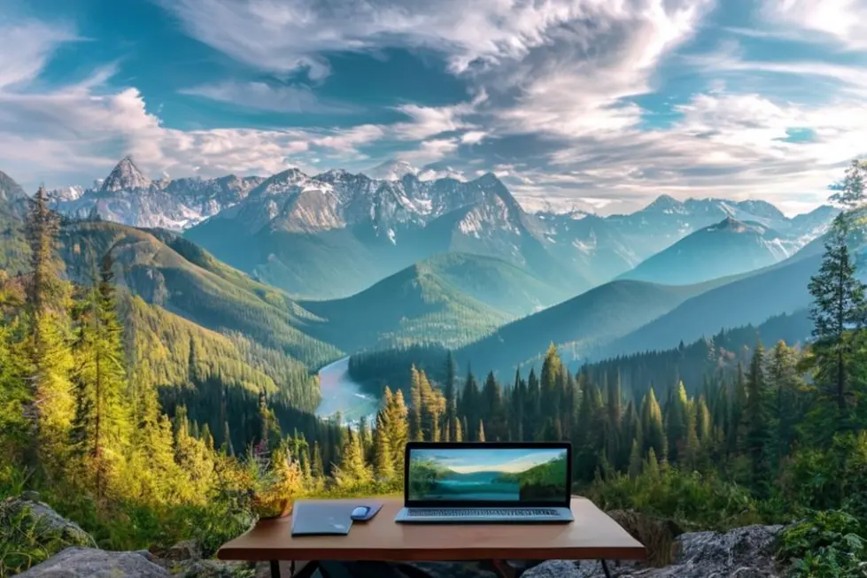 Nômade digital trabalhando em um belo cenário montanhoso.