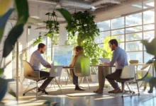 Grupo de empreendedores trabalhando em estratégias de sustentabilidade.