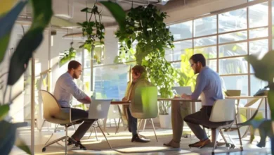 Grupo de empreendedores trabalhando em estratégias de sustentabilidade.