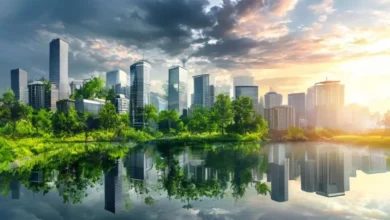 Paisagem cativante que mostra a harmonia entre natureza e negócios sustentáveis.