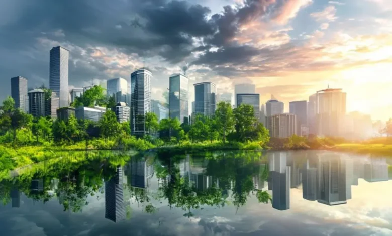 Paisagem cativante que mostra a harmonia entre natureza e negócios sustentáveis.