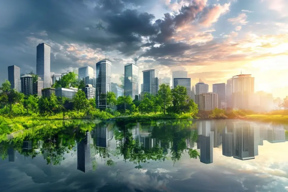 Paisagem cativante que mostra a harmonia entre natureza e negócios sustentáveis.